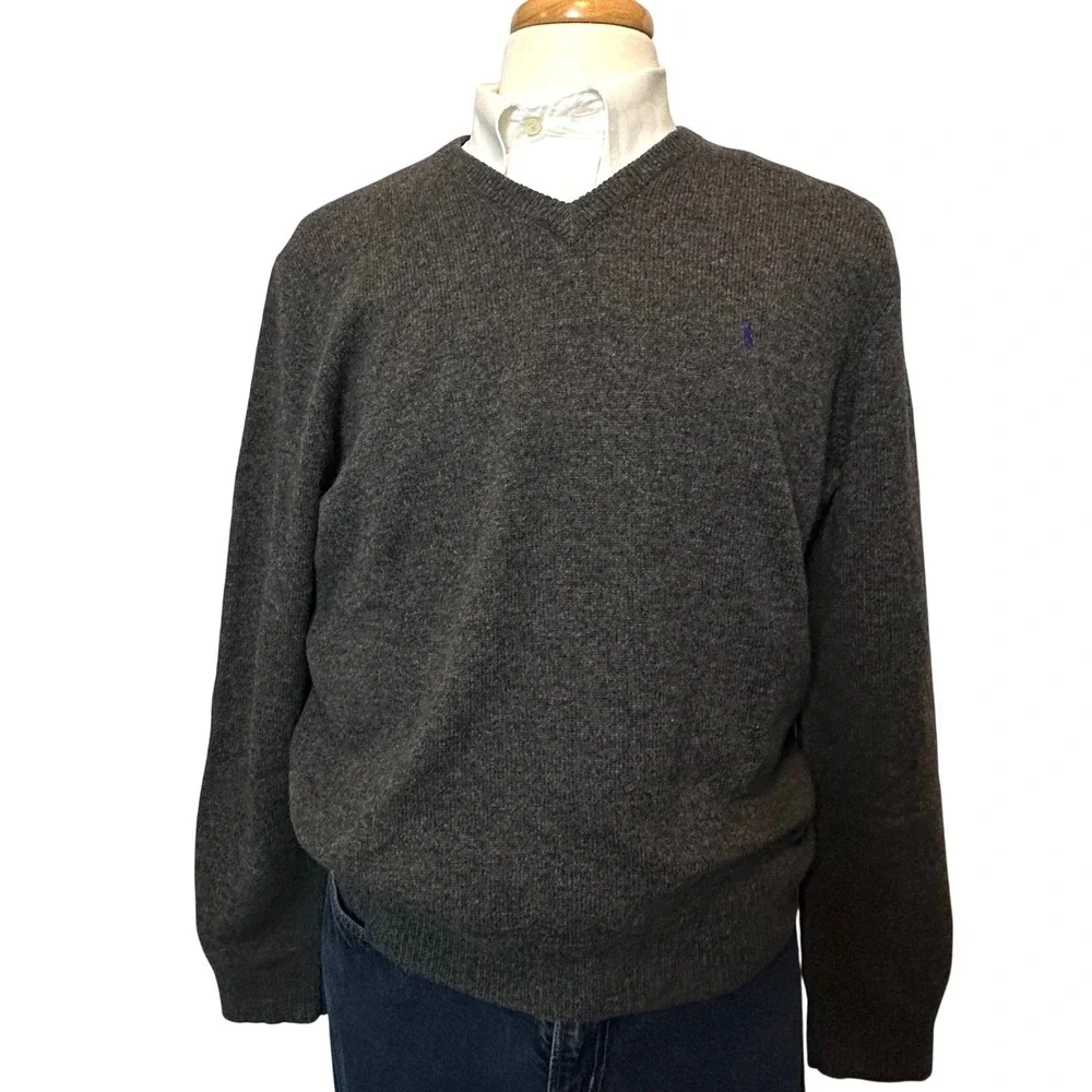 Polo Ralph Lauren‎ Mens V Neck Sweater Dark Gray 100% Lambs Wool Size XL
